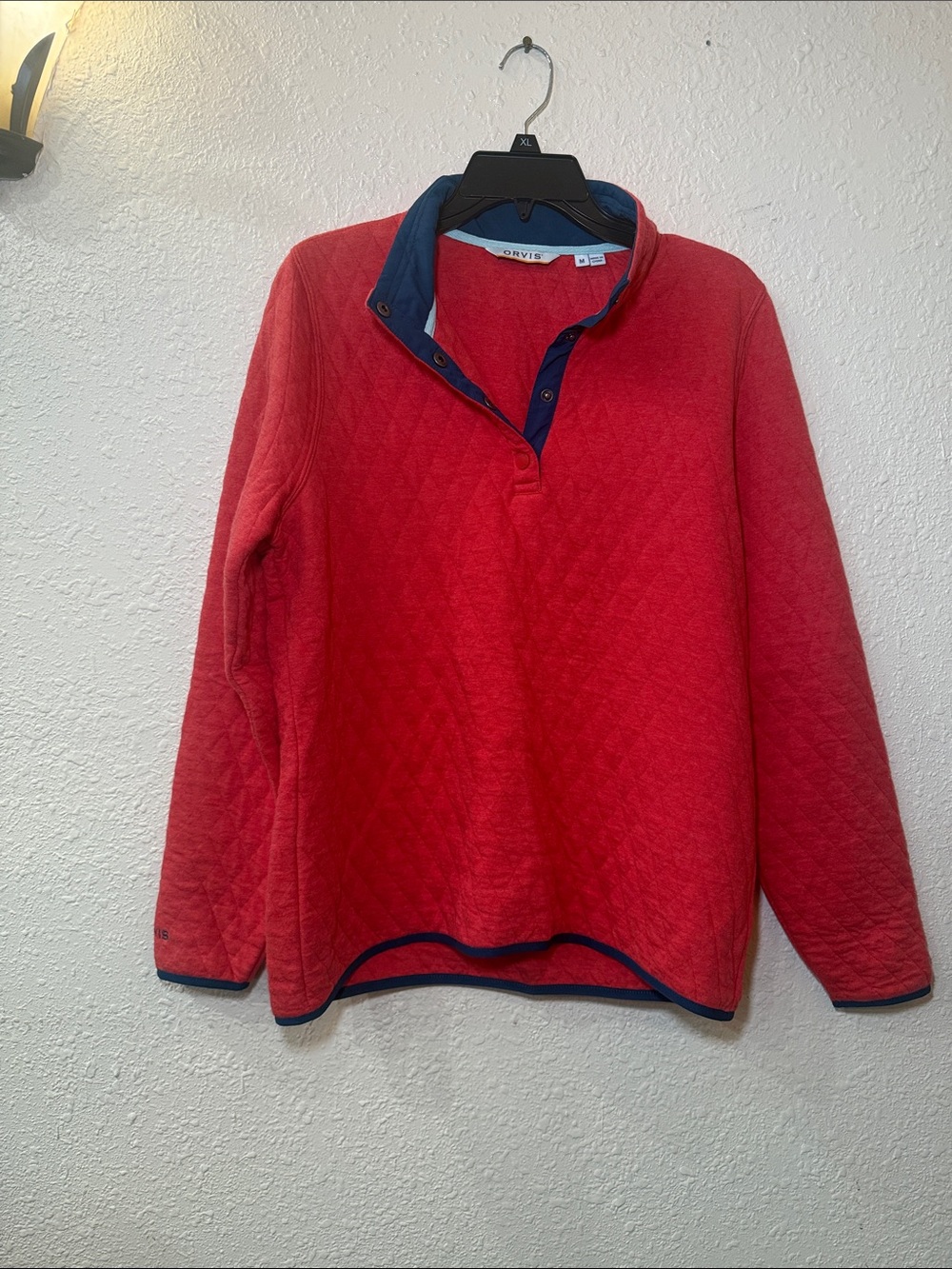 Orvis Red Quilted Pullover with Navy Trim